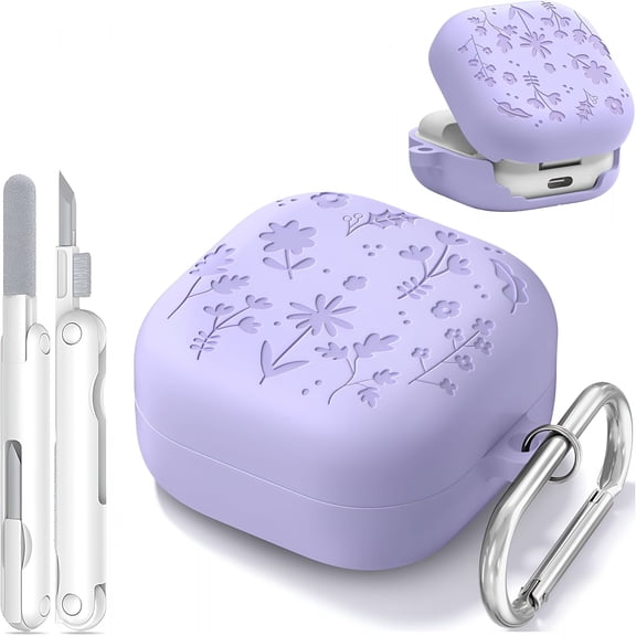 GJX Flower Engraved Case for Galaxy Buds,Shockproof Protective Silicone Soft Case Cover with 3-In-1 Cleaner Kit and Metal Keychain (Purple)