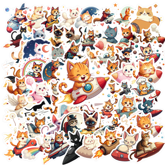 cartoon Cat Space Theme Stickers, Waterproof Cat Space Theme Sticker for Water Bottle Laptop Phone Cases Planner Skateboard Luggage Helmet Party Favor Decor, Ideal for Adults Teens Teacher Rewards