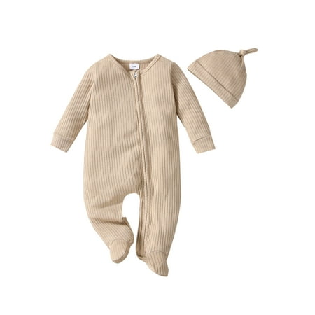 

Canrulo Newborn Baby Girl Boy Romper Long Sleeve Zipper Footie Jumpsuit Ribbed Bodysuit Fall Winter Clothes Khaki 6-12 Months