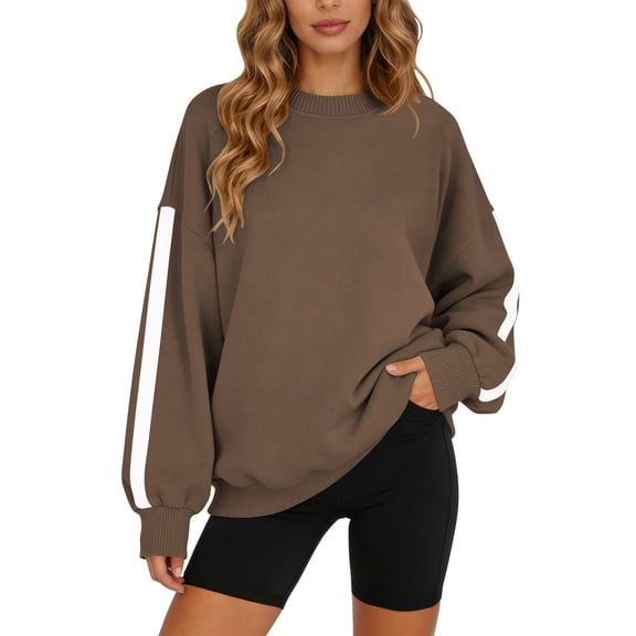 TEMOFON Womens Sweatshirts Long Sleeve Shirts for Fall Tops Crew Neck Winter Clothes Fleece Lined Loose Fitting Tops for Women Brown L