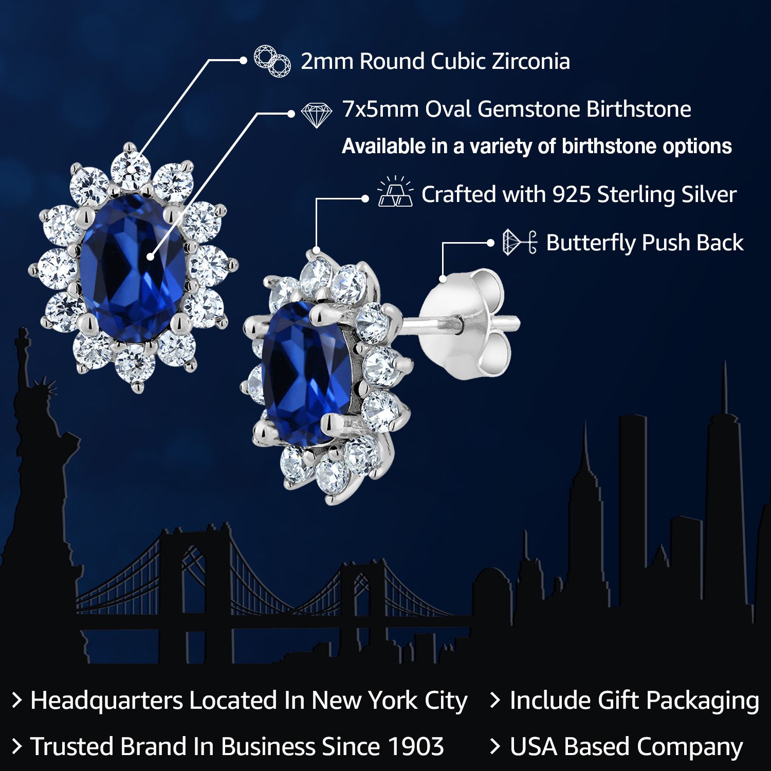 Gem Stone King 925 Sterling Silver Blue Created Sapphire Stud Halo Princess Diana Kate Middleton Post Earrings for Women (3.00 Cttw, Oval 7X5MM)