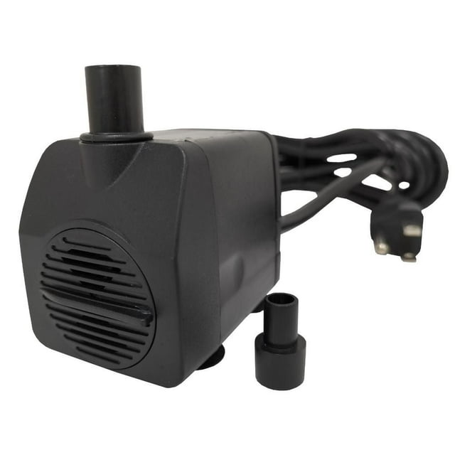 Angelo Décor 170 GPH black fountain pump with variable flow, compatible with 5/16 and ½ inch tubing, shown with power cord and two tubing adapters.