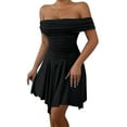 thumbnail image 3 of Women'S Off the Shoulder Mini Dress Ruffle Hem Ruched Corset Short Cocktail Party Dresses Black L, 3 of 9