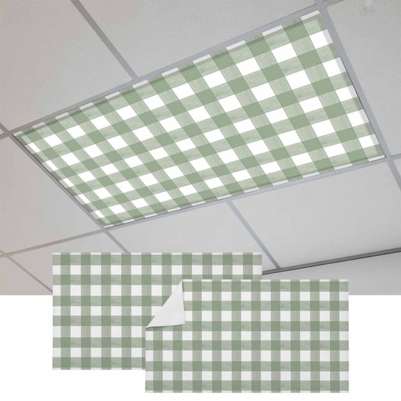 Sage Green Buffalo Plaid Fluorescent Light Covers, Farmhouse Green White Checkered Magnetic Light Covers for Ceiling Lights, Fluorescent Ceiling Shade for Classroom Bedroom Office 4x2Ft x 2PCS
