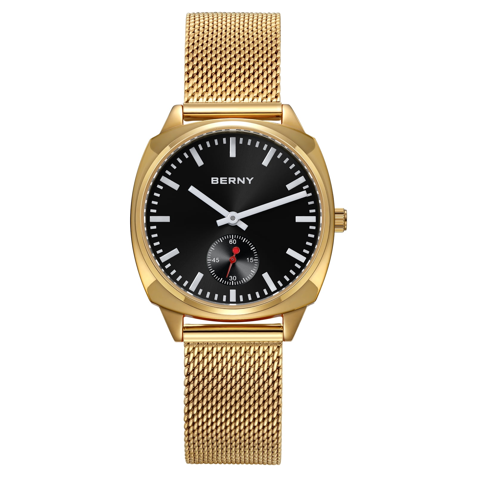 BERNY Gold Watch for Women, Casual Analog Women's Quartz Watch with Stainless Steel Mesh Band, Small Seconds Hand, 3ATM Water Resistant, Classic Ladies Wristwatch, Black