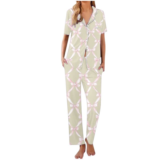 Sexy Pijama Conjunto para las Mujeres Impreso Bolsillo Pantalones de Manga Corta, Traje Suelto Casual para el Hogar Y el Salón