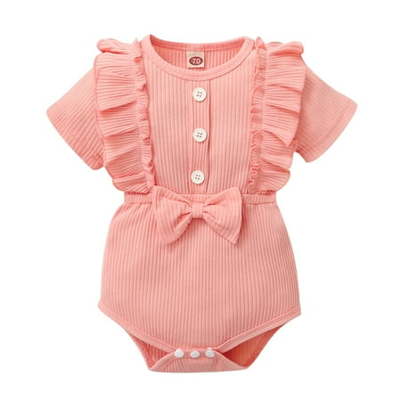 

Infant Baby Girls Short Sleeve Solid Ruffles Bowknot Romper Bodysuit Cute Outfits For 12-18 Months