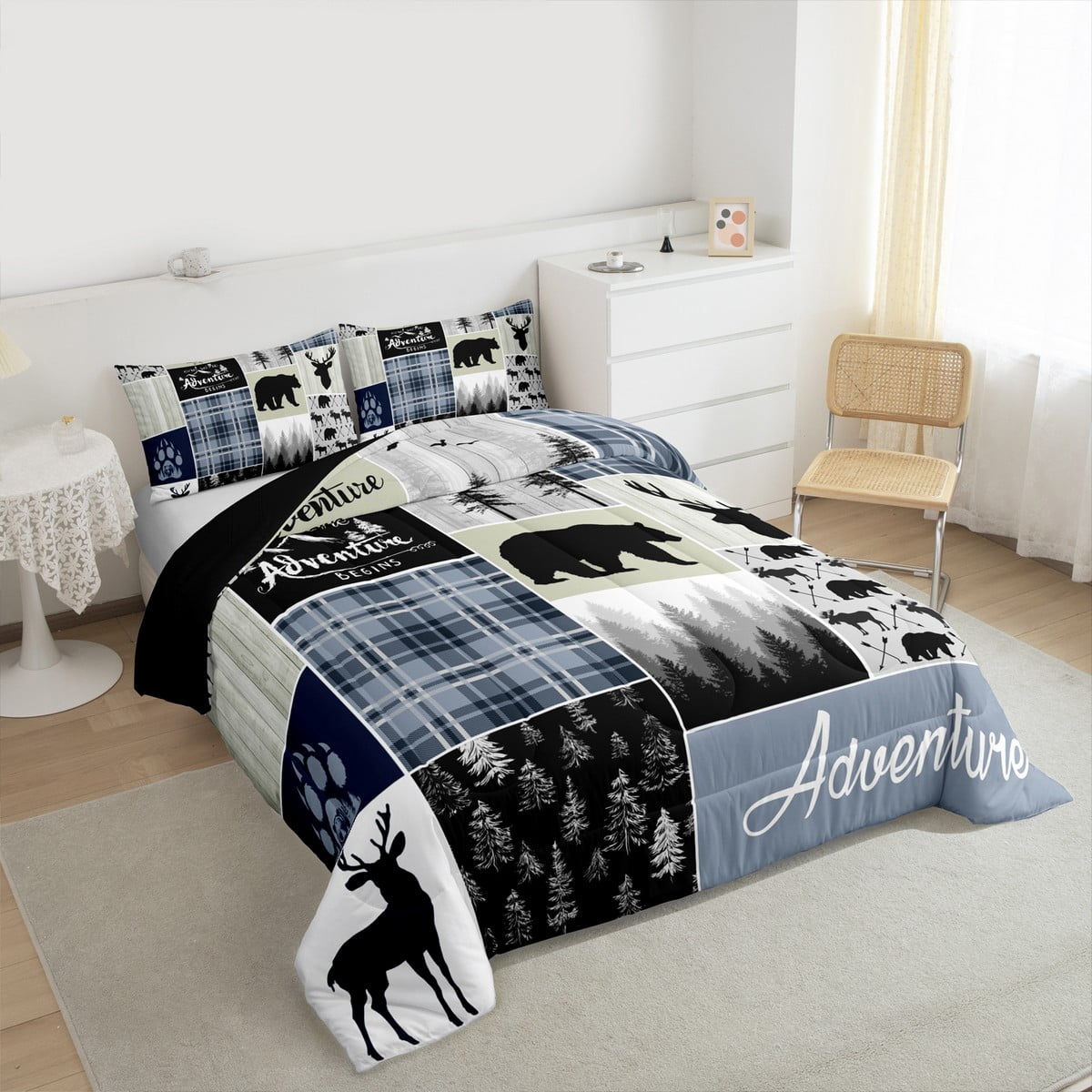 Rustic Deer Bear Comforter Set, Country Farmhouse Bedding Cabin Lodge Decor, Adventure Camping Grid Claw Bedding Comforter Sets Woodland Wild Animal Vintage Duvet Insert Teens Adult, Full