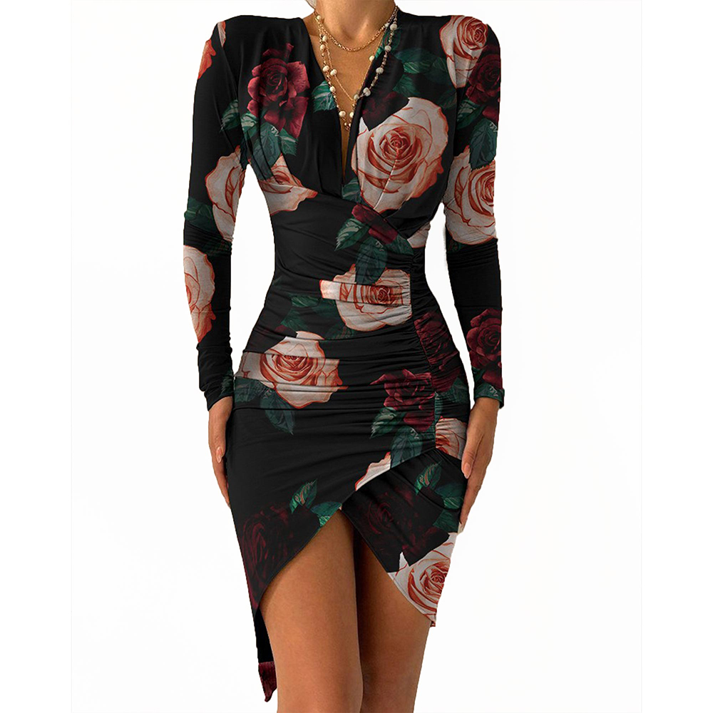 ZNU Women Floral Print Pleated Bodycon Pencil Dress Sexy Dresses For