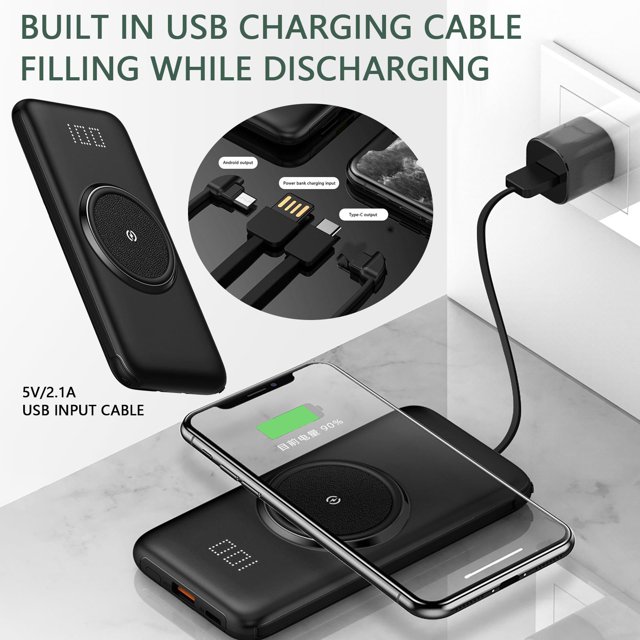 Banco de energía de carga inalámbrica con cable incorporado de gran capacidad de 10000 mAh para 12, banco de energía móvil
