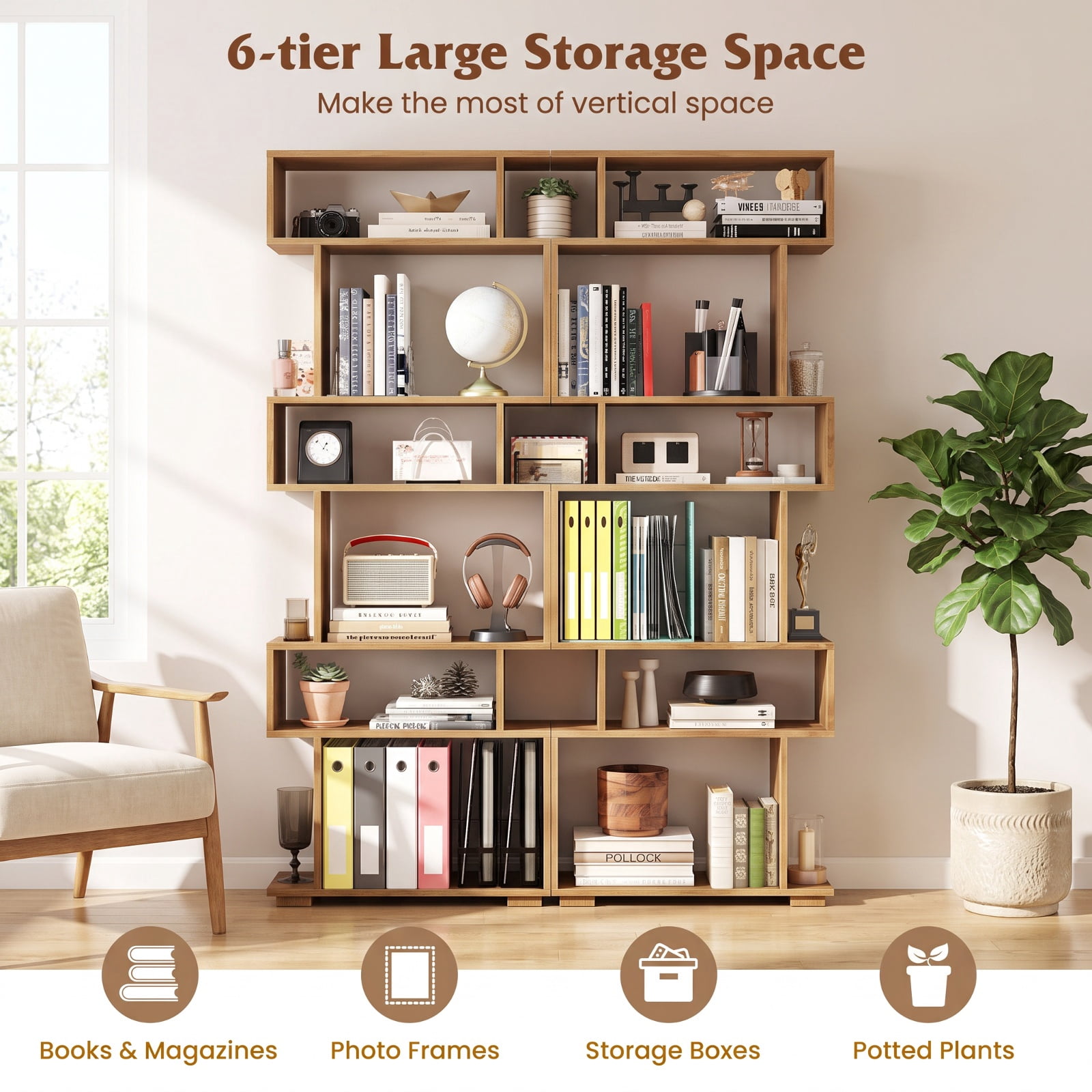 Furnibear 6-Tier Geometric Bookshelf with 2 Anti-Tipping Kits for Home Office for Living Room Home Office Bedroom Display Storage Shelf, Natural