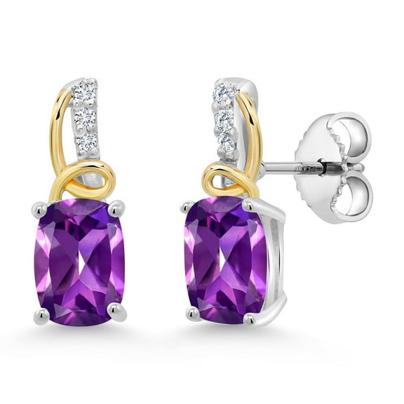 Gem Stone King 925 Silver and 10K Yellow Gold Purple Amethyst and White Moissanite Stud Earrings for Women (1.85 Cttw, Gemstone February Birthstone, Cushion 7X5MM)