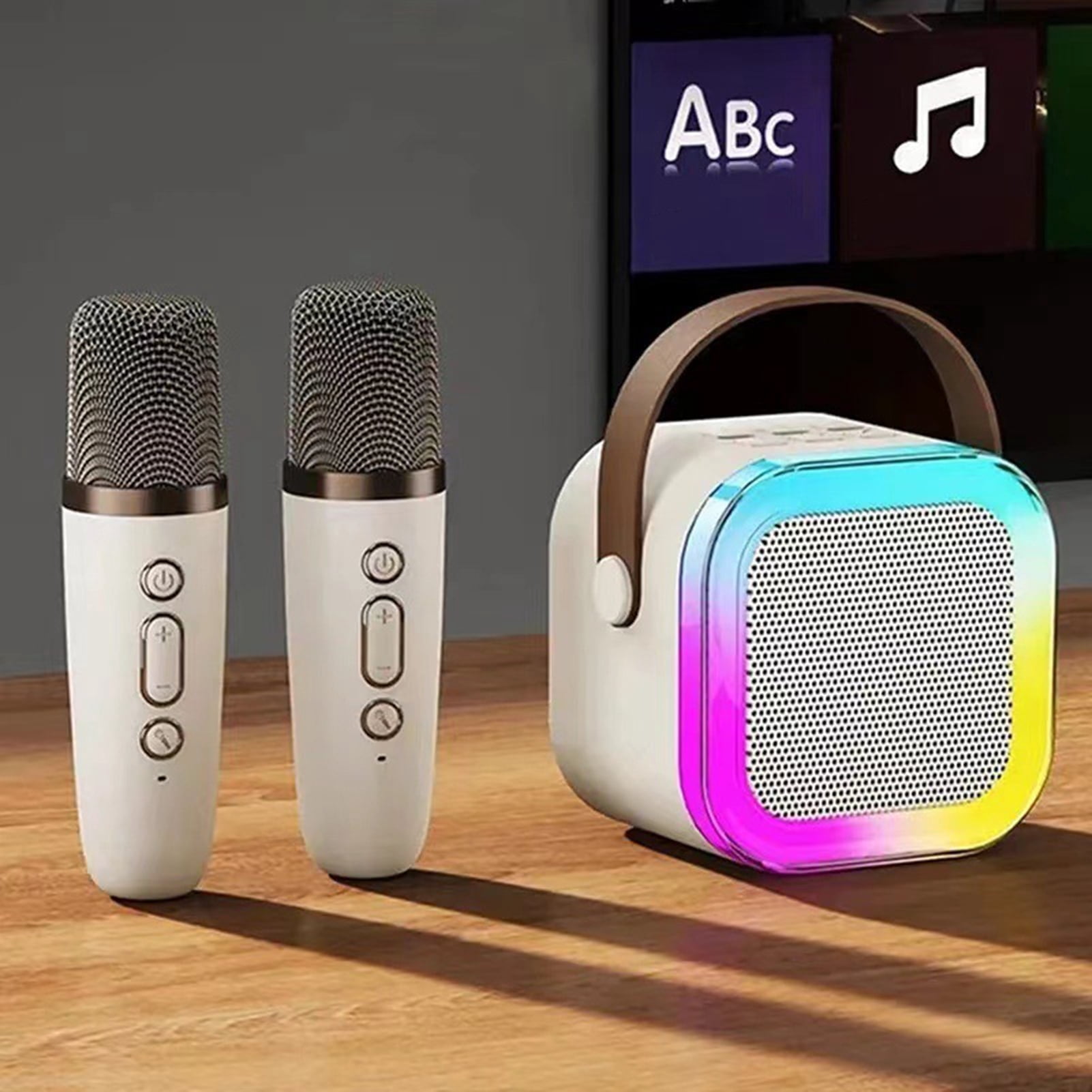 Mini Karaoke Machine with 2 Wireless Microphones Voice Changer Stereo Sound Portable Bluetooth-compatible Portable Speaker with Light