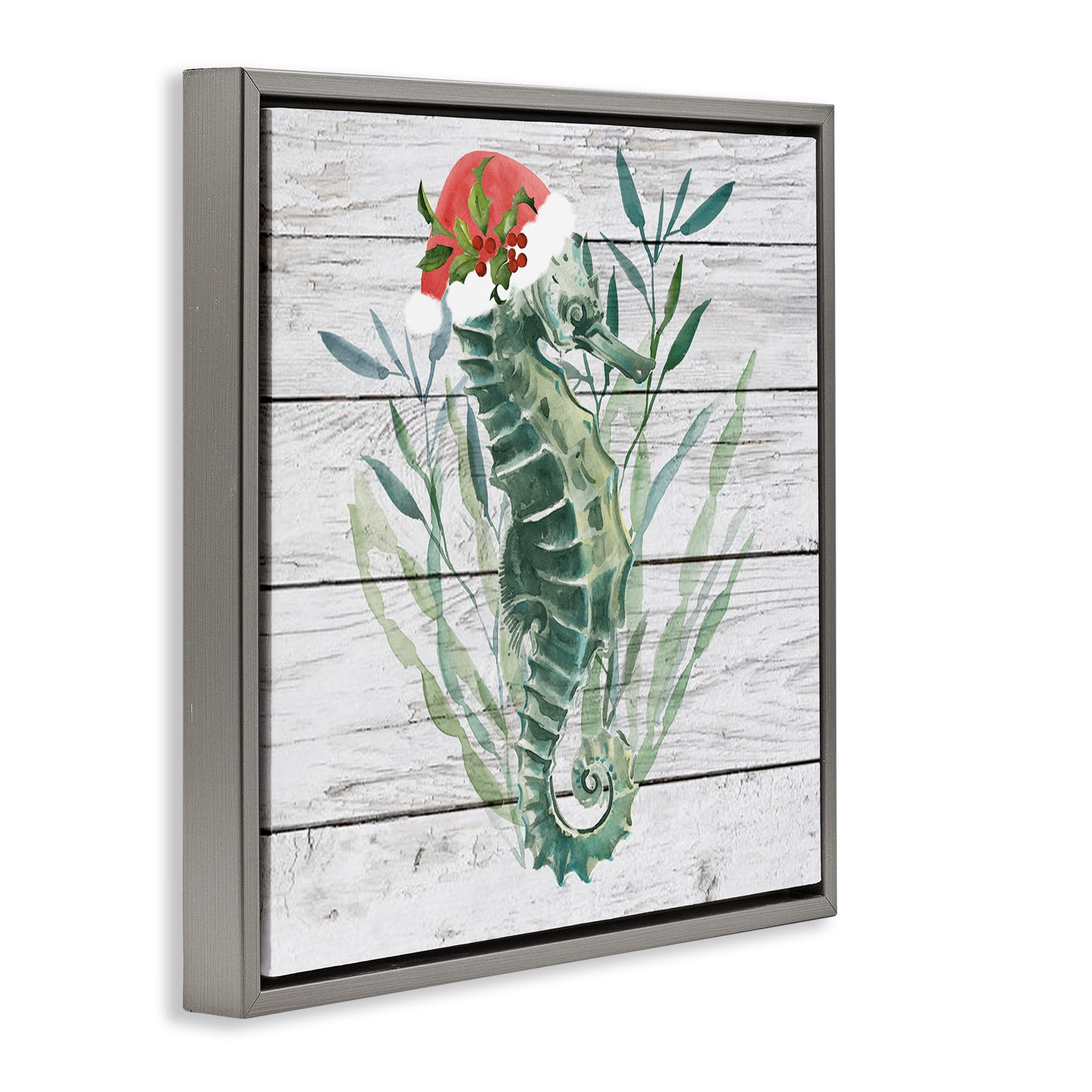 Stupell Industries Christmas Seahorse with Santa Hat Nature Painting Gray Floater Framed Canvas Art Print Wall Art, 18 x 18