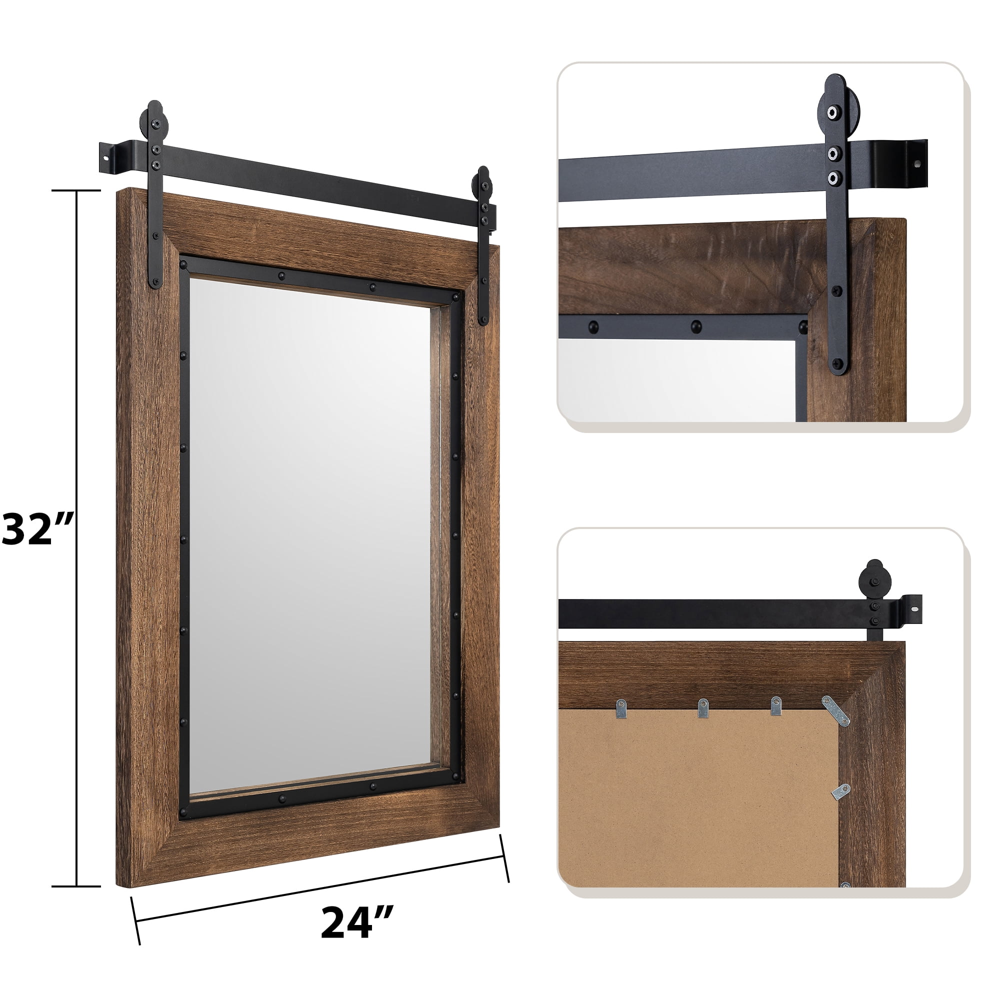 YOSHOOT Farmhouse Barn Door Mirror,32"x24" Rustic Bathroom Mirror, Wood Frame Wall Mirror, Wooden Mirror for Living Room Bedroom Entryway Wall Décor