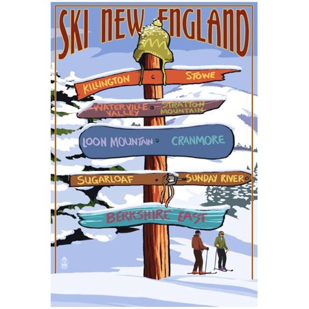 New England - Ski Areas Sign Destinations Poster - (Best Ski Destinations In Europe)