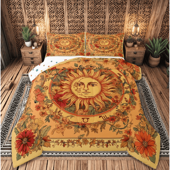 jejeloiu Vintage Boho Floral Bedding Comforter Set,Sun And Moon Twin Comforter Sets,Tribal Constellation Aesthetic Bedding Set For Teens,Super Cozy Room Decor Reversible,2-Piece