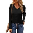 thumbnail image 2 of Women Elegant Lace Trim Tops Spring Casual Solid V-Neck Sexy Long Sleeve Pullover Blouse T-shirt Trendy Tops, 2 of 5