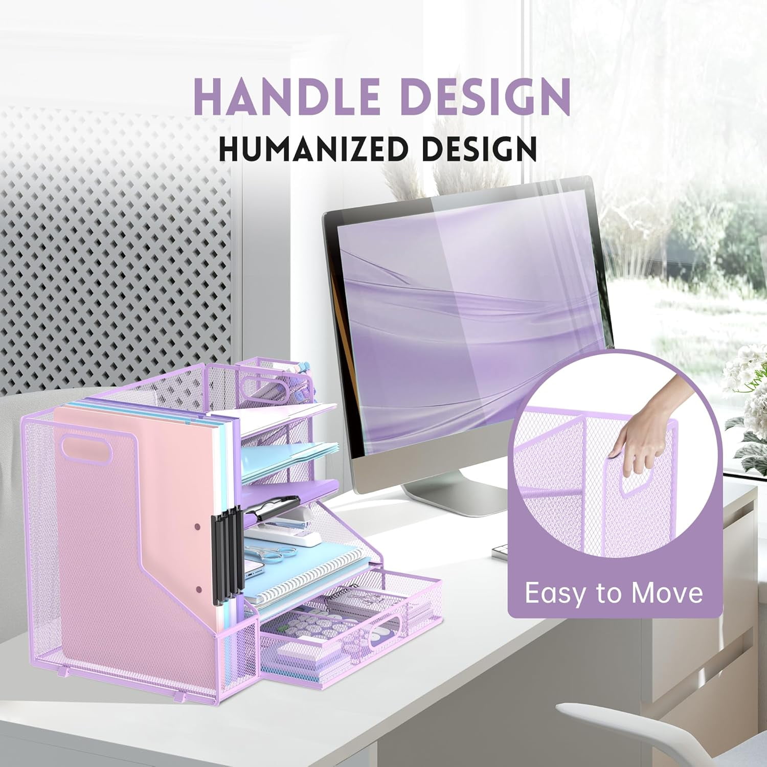 INTIGE 5-Tier Metal Mesh Desktop Organizer with File Holder, Drawers and Pen Holder, Paper Organizer, Purple, 1 Pack
