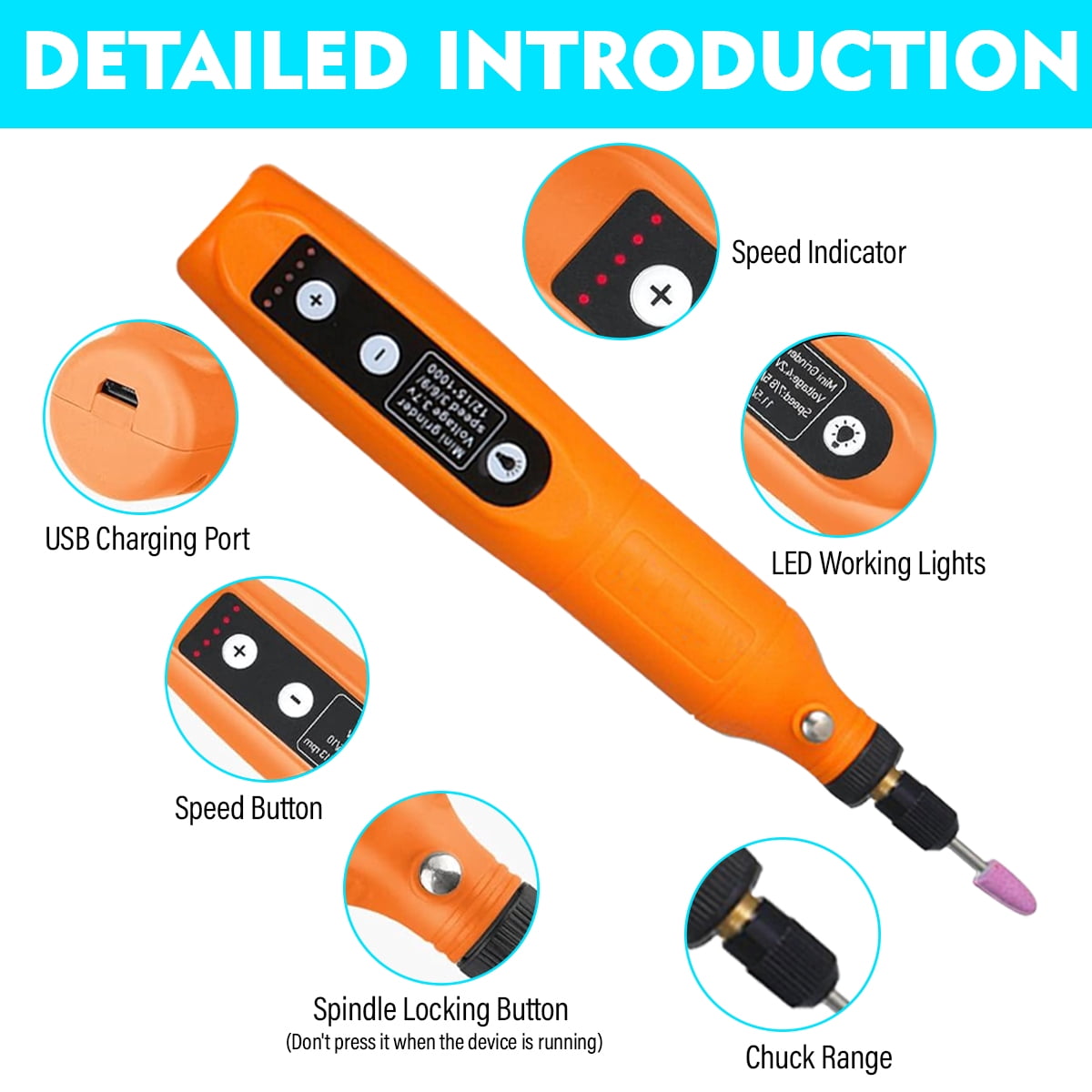 Mini jade engraving pen electric sander, used for engraving, drilling, grinding, polishing, engraving-tangerine