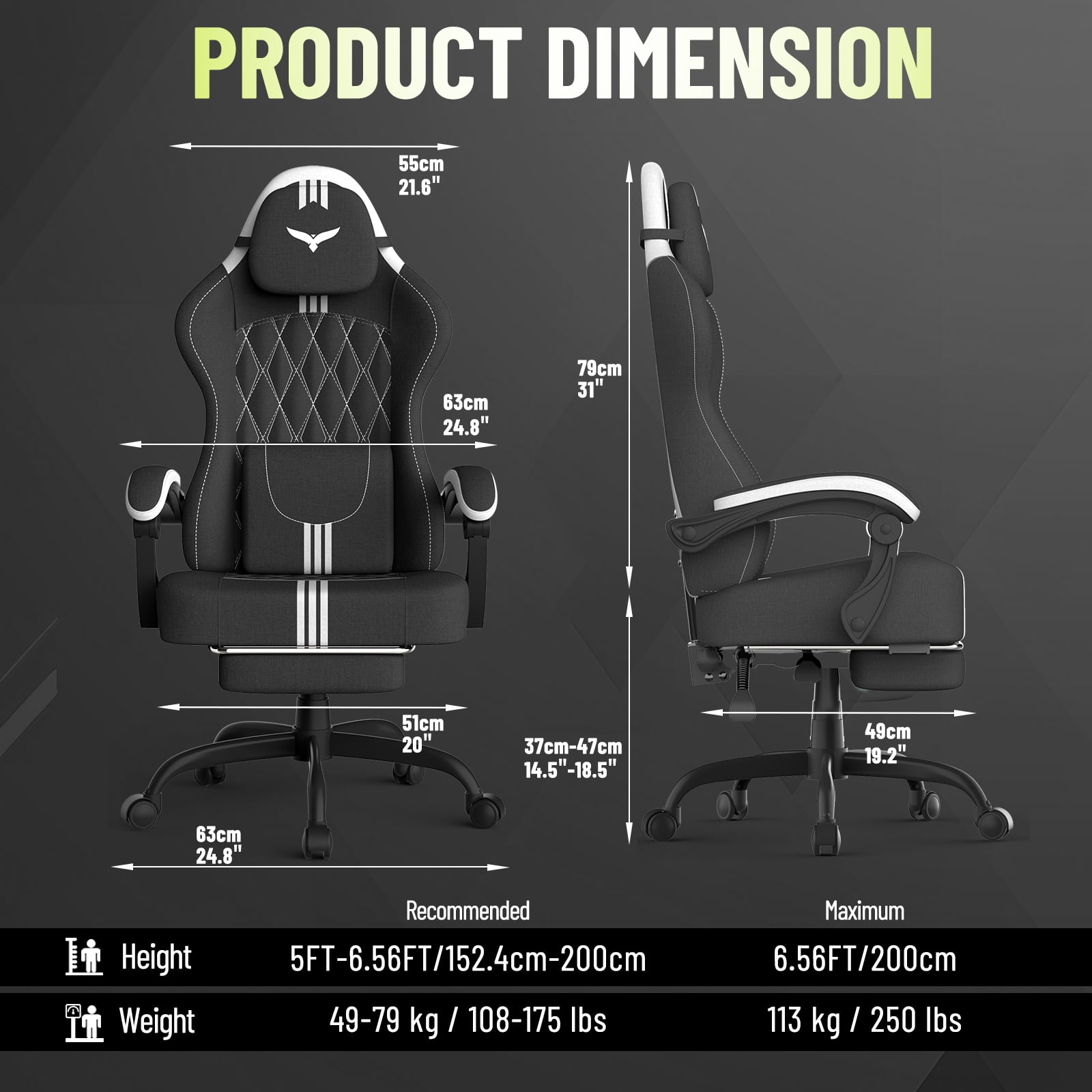 SOONTRANS Ergonomic Gaming Chair with Footrest, Adult Office Chair with Pocket Spring Cushion, Comfortable Gamer Game with Massage Lumbar Cushion Linen Fabric, Reclining Computer Chair, Black & White