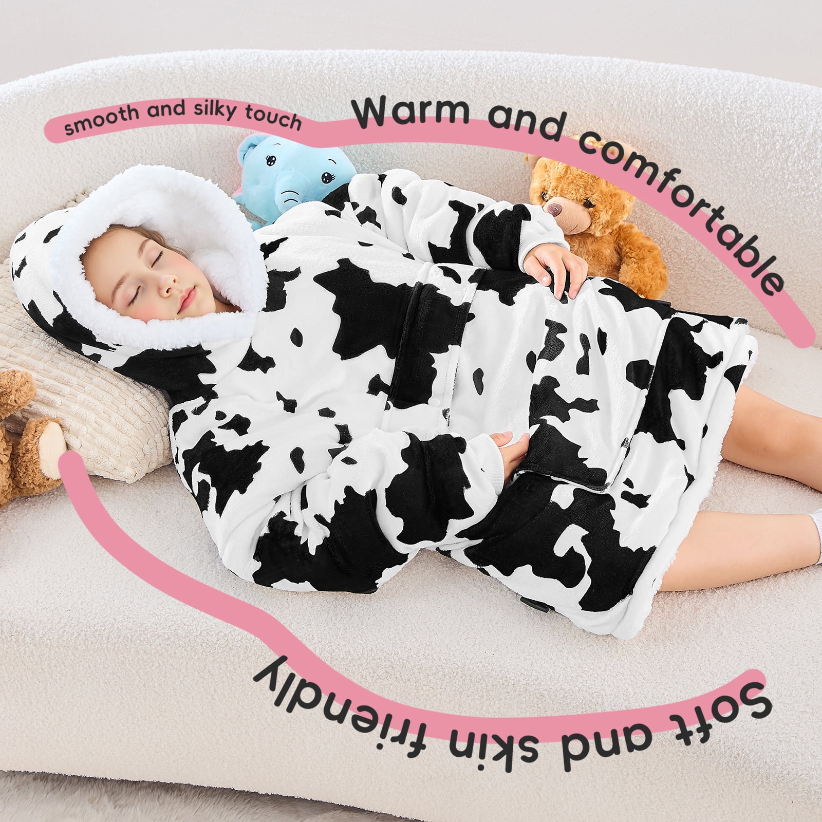 PMONPA Wearable Blanket Hoodie for Kids, Soft Double Layer Sherpa Fleece Sweatshirt,Teen Gifts for Kids, Youth, Boys, Girls, One Size, Cow