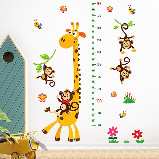 Adhesivos de pared con dibujos animados de jirafa y mono, tabla de alturas, jungla