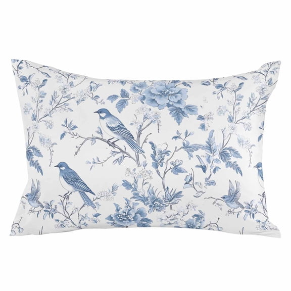 White Blue Spring Floral Throw Pillow Cover 20 x 26 Inch Decorative Pillow Cover Summer Birds Botanical Lumbar Pillowcase Seasonal Rectangle Cushion Case for Couch Sofa Bed Living Room