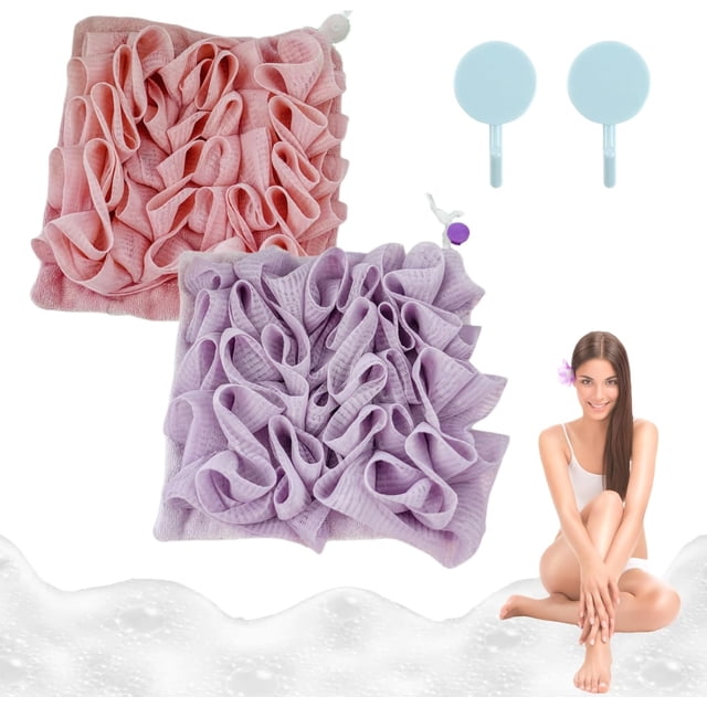The Leeffa esponja suave y toallita, esponja de baño 2 en 1, lufa de baño Loufee, lufa trasera para ducha, lufa de ducha con cordón – lufa de viaje (J, 2 unidades)