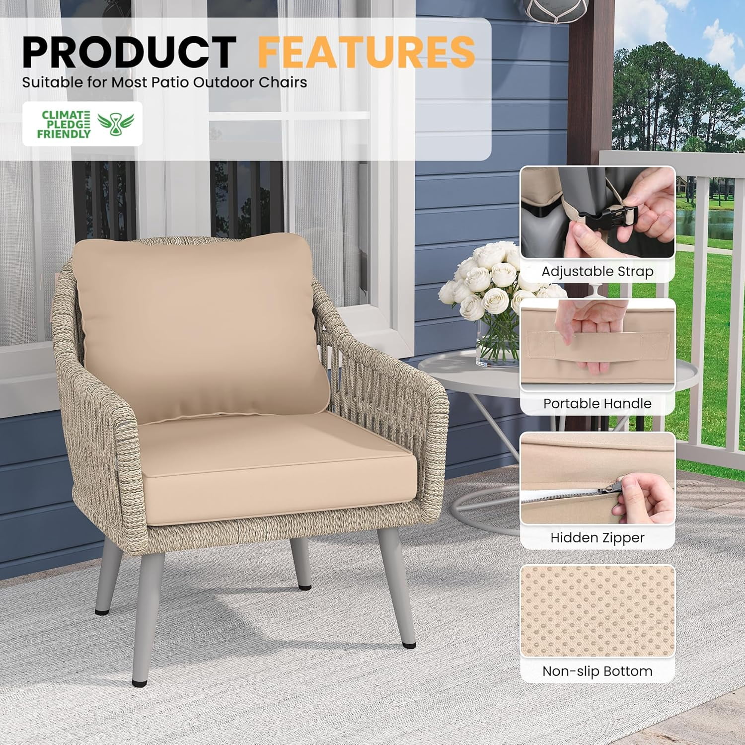 ELPOSUN Outdoor Cushions for Patio Furniture, 24x24 Outdoor Chair Cushions with Waterproof & Fade Resistant Cover, Deep Seat Replacement Patio Cushions with Adjustable Straps & Handle,Beige