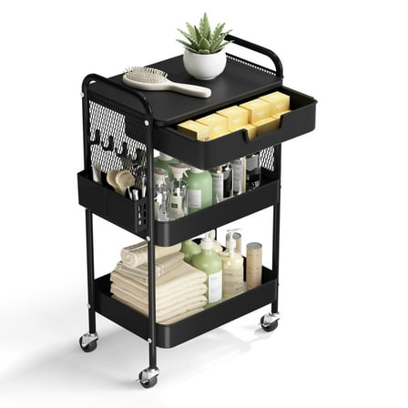LUCKUP 3 Tier Rolling Cart with Drawer, Metal Rolling Utility Cart on Wheels with Pegboard, Art Cart Storage Organizer with Tabletop for Living Room, Office, Bedroom (Black)