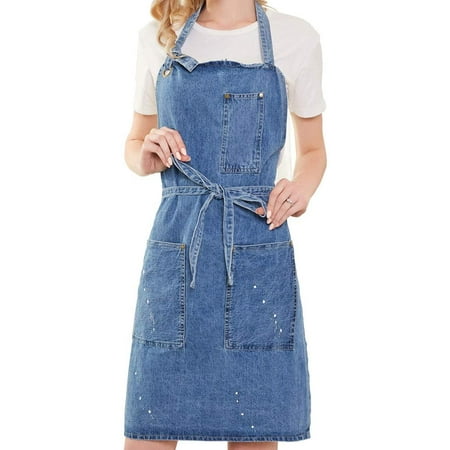 Art Painting Denim Blue Apron Ikebana Jean Apron with 3 Pocket for Uni ...