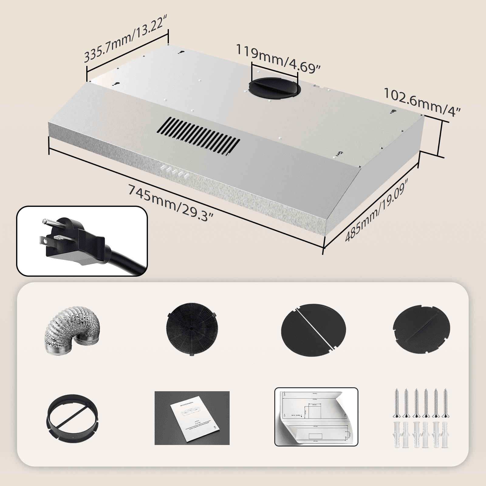 TYEMUI 30 Inch Ductless Range Hood, 9 Inch High Ventless Kitchen Hood with Back Vent Option, No Problem Keep Vena Hood for Under Cabinet or Wall Mount
