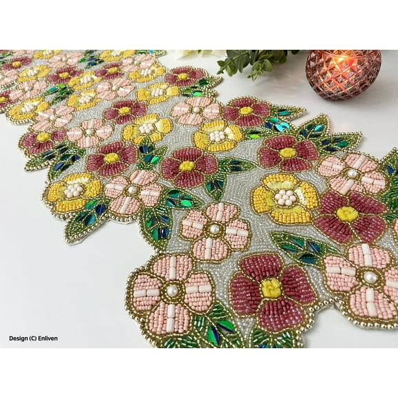 Handmade beaded spring table runner, colour flowers bed, 13x36inch