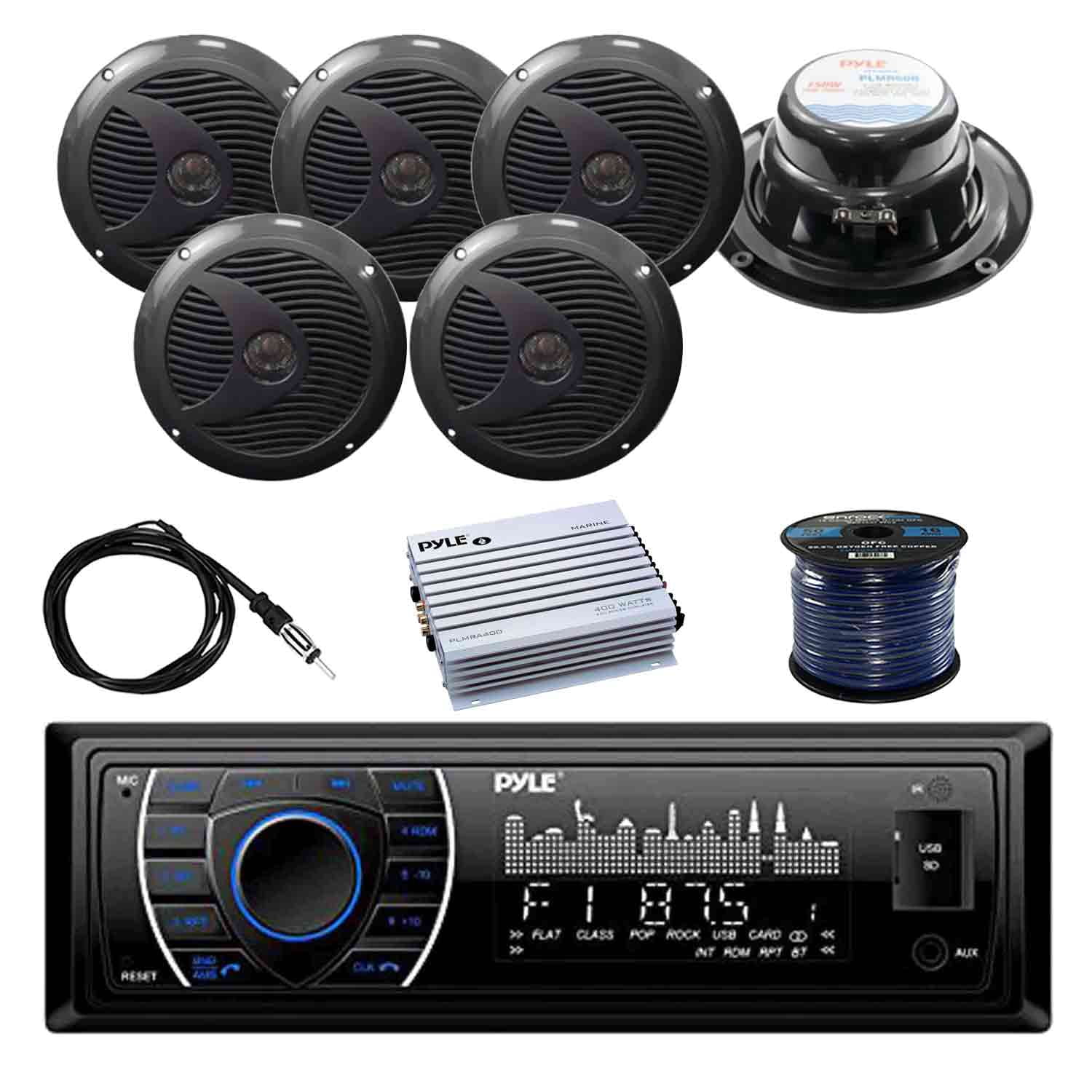 PYLE PLRMR27BTB Marine Bluetooth Receiver with Pyle 6.5" Dual Cone WP