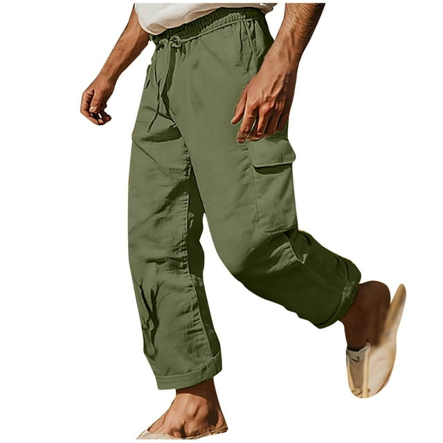 Taqqpue Pantalons Cargo en Lin pour Hommes Randonnée Décontractée Jogging Loisirs Extérieurs Pantalons de Survêtement Taille Élastique Cordon Extensible Coupe Décontractée Pantalons de Travail