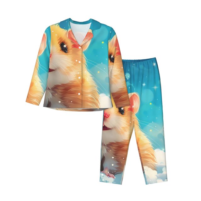 Bingfone Cloud Cute Hamster Print Womens Pajama Sets,Long Sleeve Loungewear Pajamas Set-Small