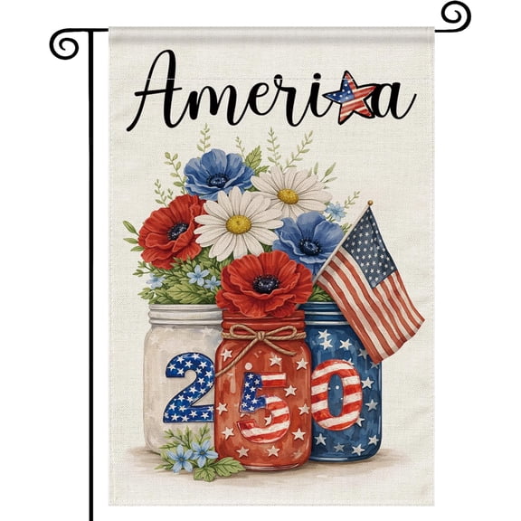 Patriotic 4th of July Garden Flag, 250th Anniversary USA Flag, Double Sided Waterproof Yard Decoration, Floral Design, 12x18 Inch, Red White and Blue