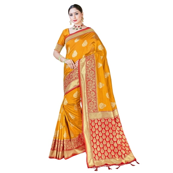 Sarees for Women Banarasi Art Silk Woven Sari - Indian Diwali Gift Rakhi Festival Saree with Unstitched Blouse