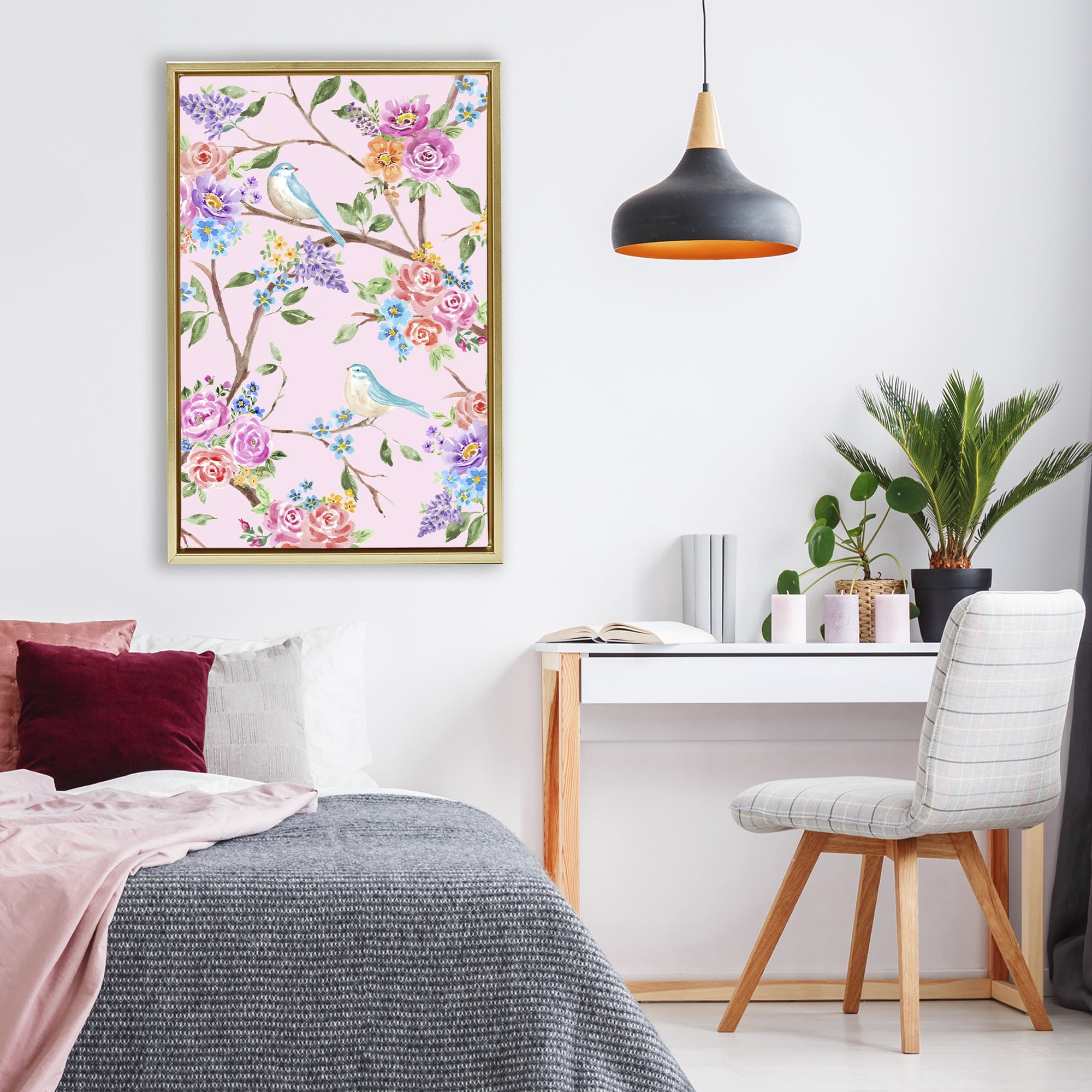 Stupell Industries Pink & Blue Spring Florals Gold Framed Floater Canvas Wall Art, design by Corinne Haig