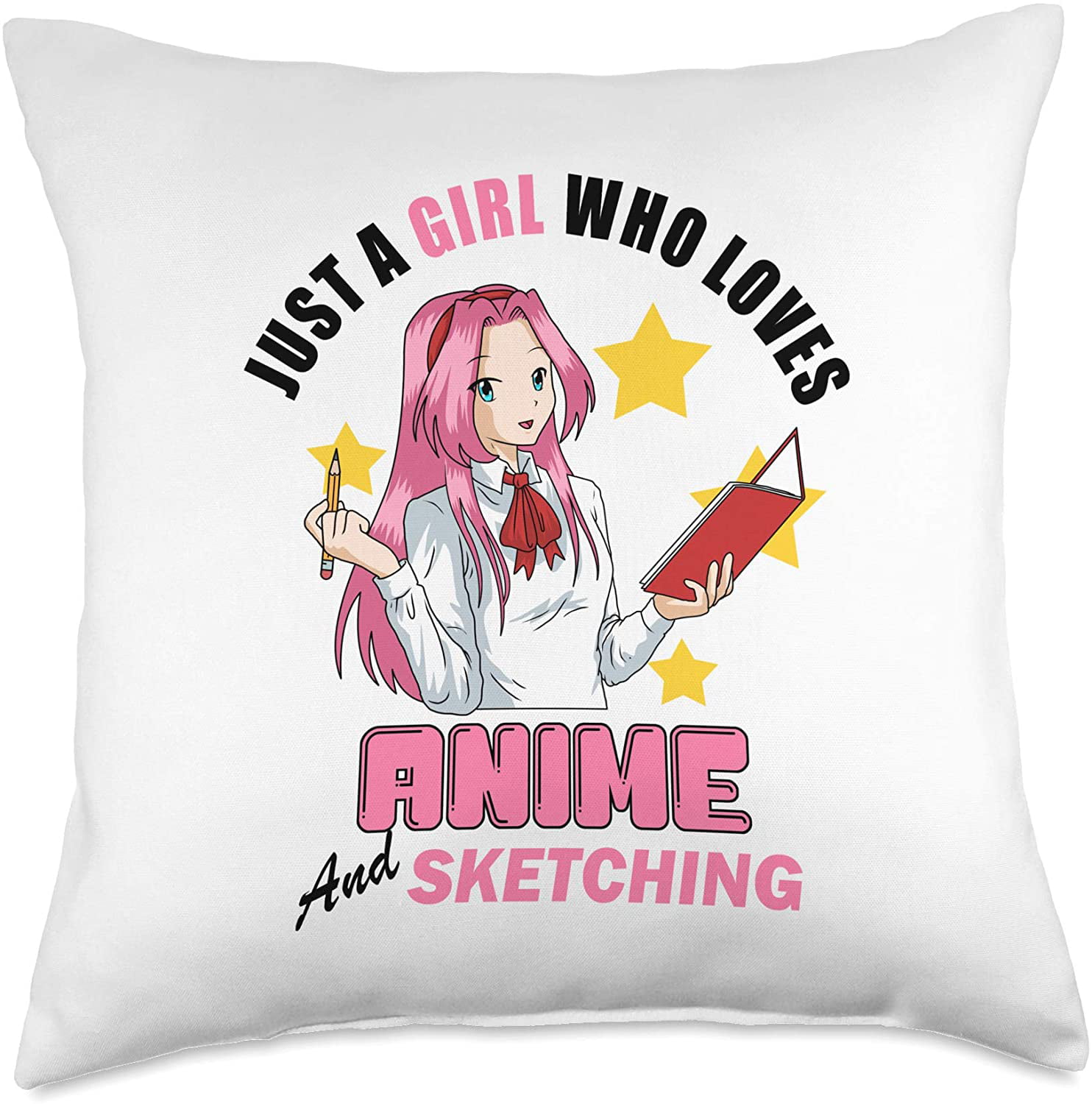 Merch Shirt Just A Girl Who Loves Anime and Sketching Throw Pillow, 18x18,  Multicolor 