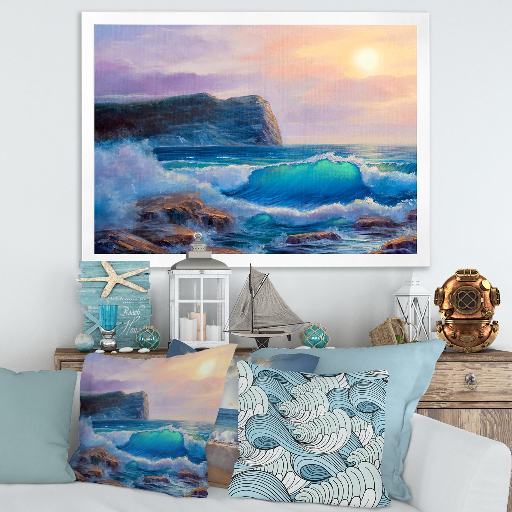 Designart 'Blue Waves Breaking At The Beach Landscape III' Nautical & Coastal Framed Art Print