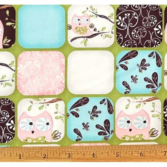 1 Fat Quarter - Pink Owls Block on Green Cotton Fabric - 21" X 18"