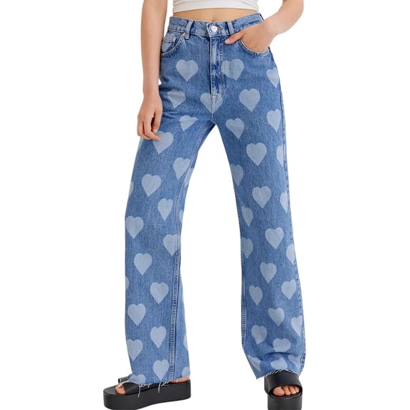LWavelet Womens Heart Printed Wide Leg Jeans High Waisted Daily Casual Denim Pants Blue L