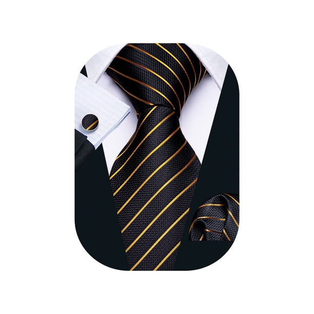 Set de Corbata Barry.Wang Rayas Negro Dorado en Seda Tejida