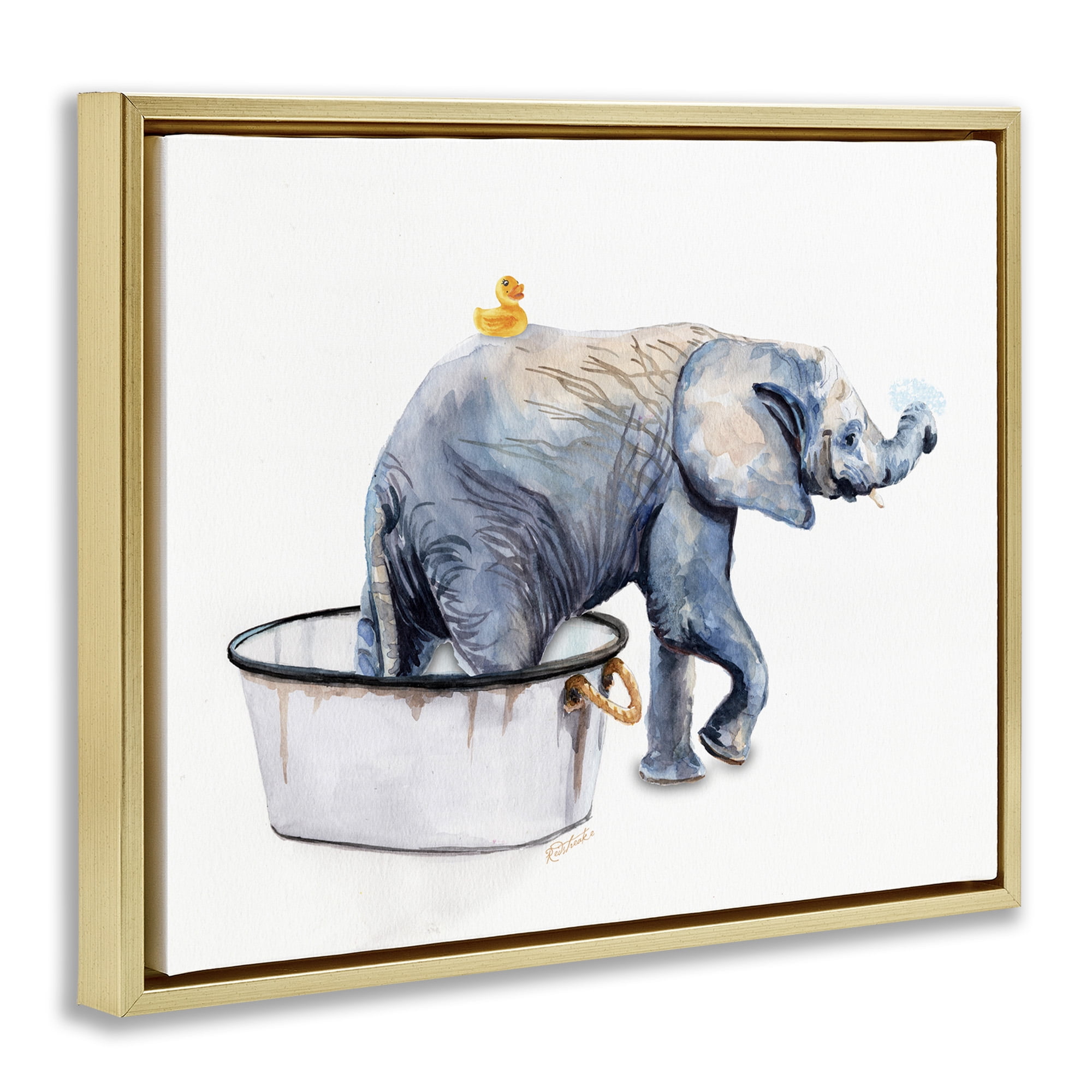 Stupell Industries Elephant & Rubber Duck Bath Animals & Insects Painting Gold Floater Framed Canvas Art Print Wall Art, 31 x 25