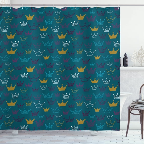 Princess Shower Curtain, Hand Drawn Style Crowns Tiaras Fun Girlish Pattern for Babies Children, Fabric Bathroom Set with Hooks, 69W X 84L Inches Extra Long, Teal Yellow and Purple, by Ambesonne