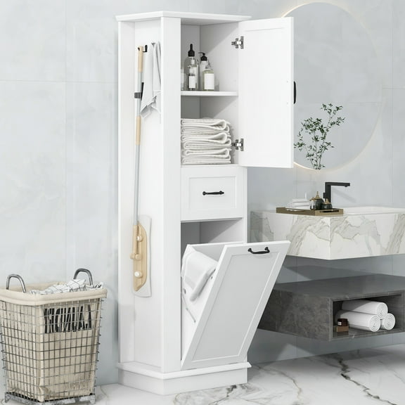 Bathroom Storage Cabinet with Laundry Hamper, Wooden Bathroom Pantry Cabinet with 2 Hooks, 1 Cabinet and 1 Drawer for Living Room, White