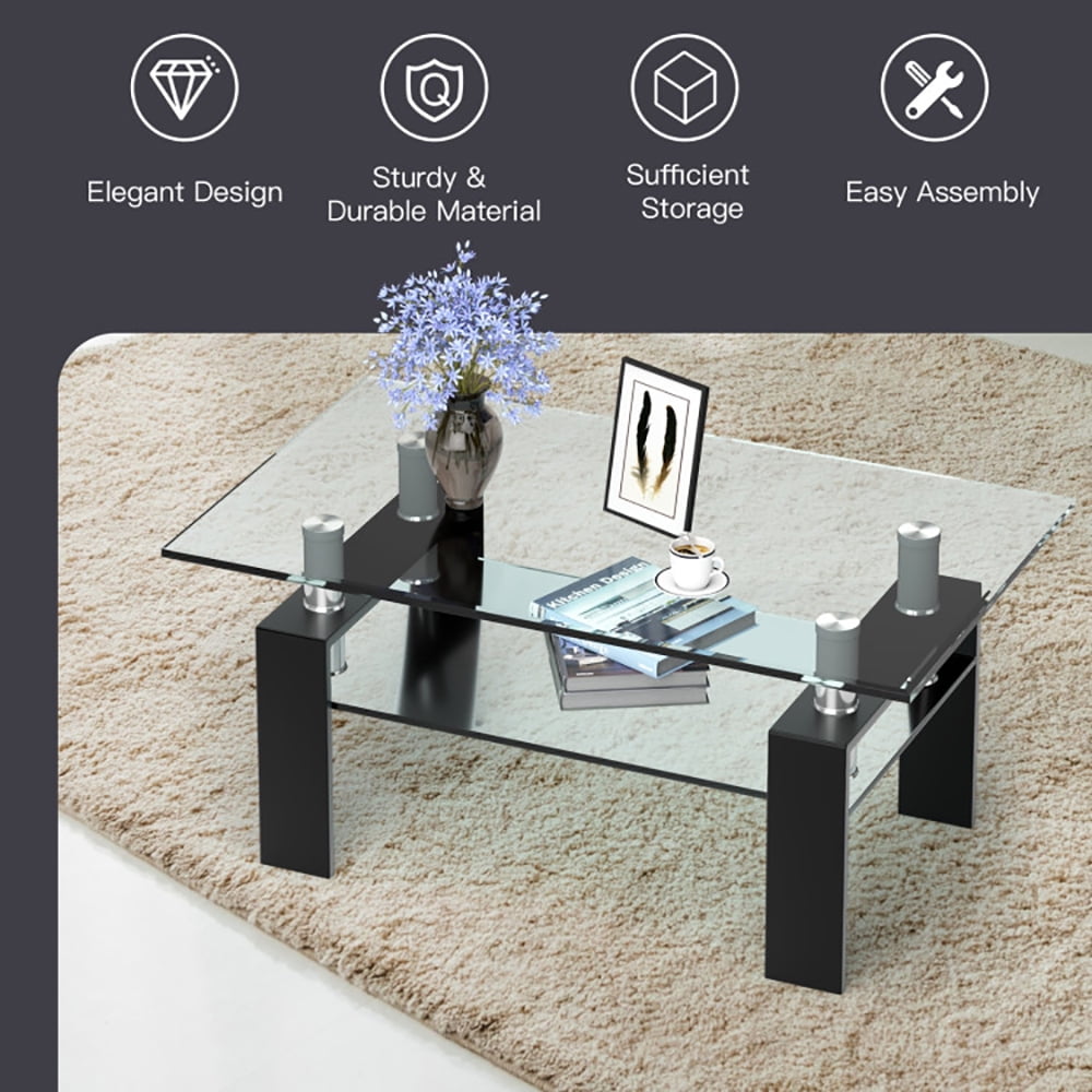 Finihen Glass Coffee Table, Rectangular Coffee Table, Rectangle Glass Coffee Table with Metal Legs, for Living Room, Reception Room, Black Finihen Glass Coffee Table, Rectangular Coffee Table, Rectangle Glass Coffee Table with Metal Legs, for Living Room, Reception Room, Black
