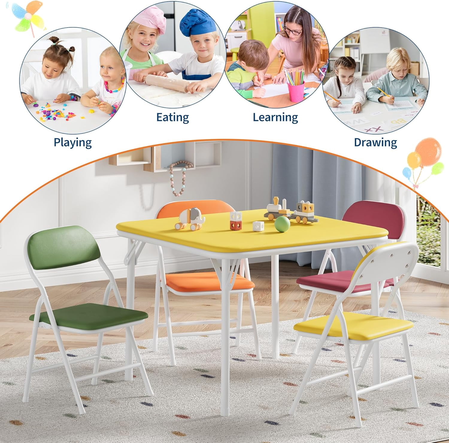 5-Piece Kids Folding Table and Chairs Set, Toddlers Children's Activity Table and Chairs Set for Dining Room,Daycare,Classrooms